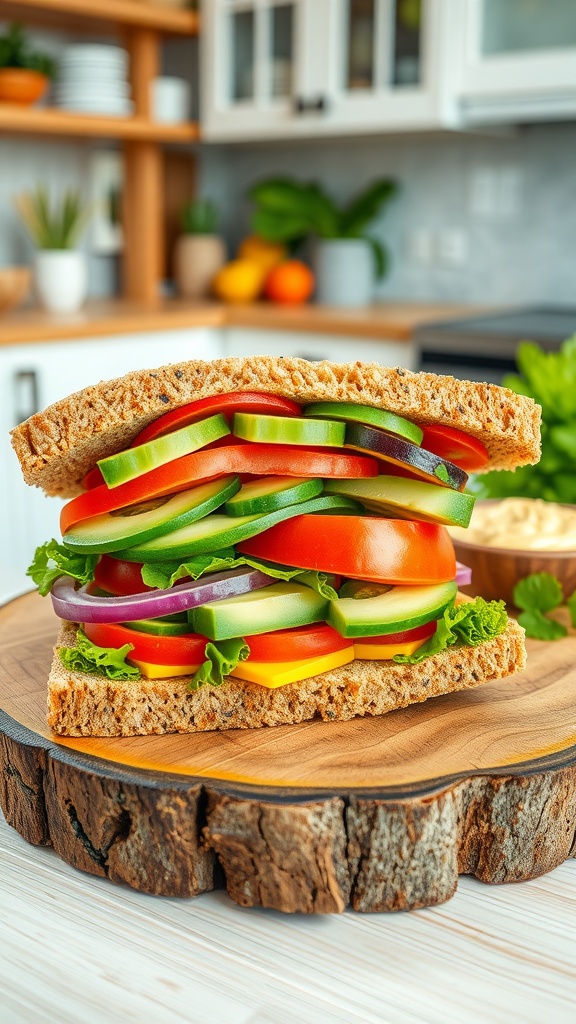 A fresh vegetable sandwich with avocado, tomato, cucumber, and lettuce on whole grain bread, served with hummus.